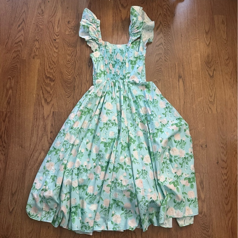 Hill House green Floral Dress size small unlined sleeveless cotton side pockets - Picture 6 of 9